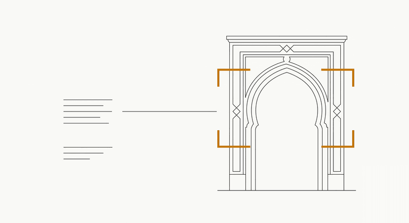 An architectural elevation of a monumental arched gateway, drawn in fine hairlines on cream. Amber corner brackets frame the arch like a camera viewfinder, and a short stack of ruled lines to the left — the checkpoint's fact pack — is joined to it by a single thin line.